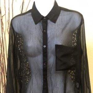American Rag Black Sheer Long Sleeve Button Up Top